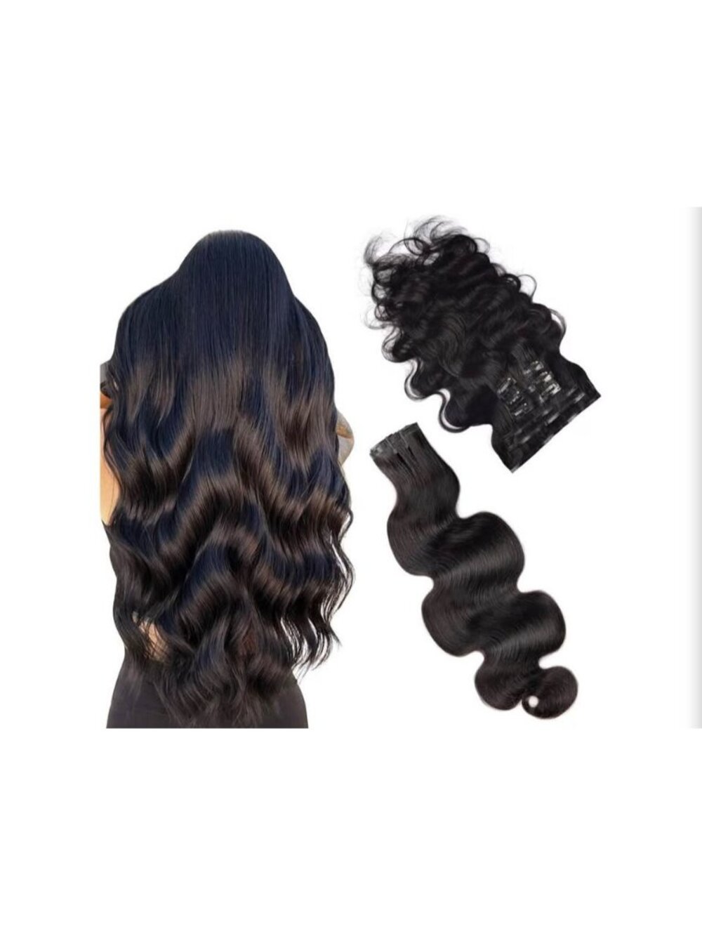 NEW PU Clip-in Hair Extensions - 18”, 7 Pieces, 16 Clips, 130g, Black Body Wave